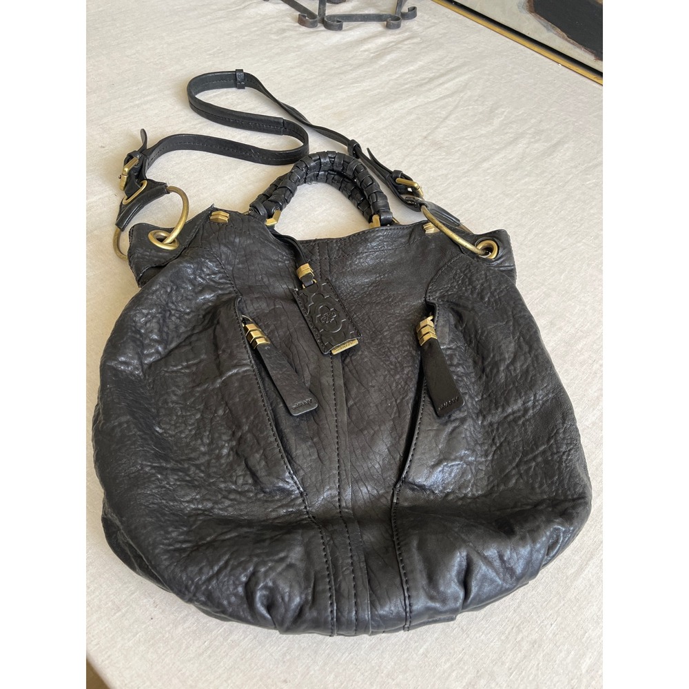 orYany Gwen Black Distressed Pebbled Leather Hobo Bag Gold Hoops 70s Vibe